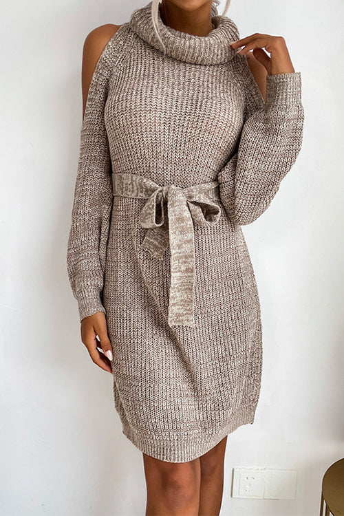Turtleneck Cold Shoulder Belted Sweater Dress