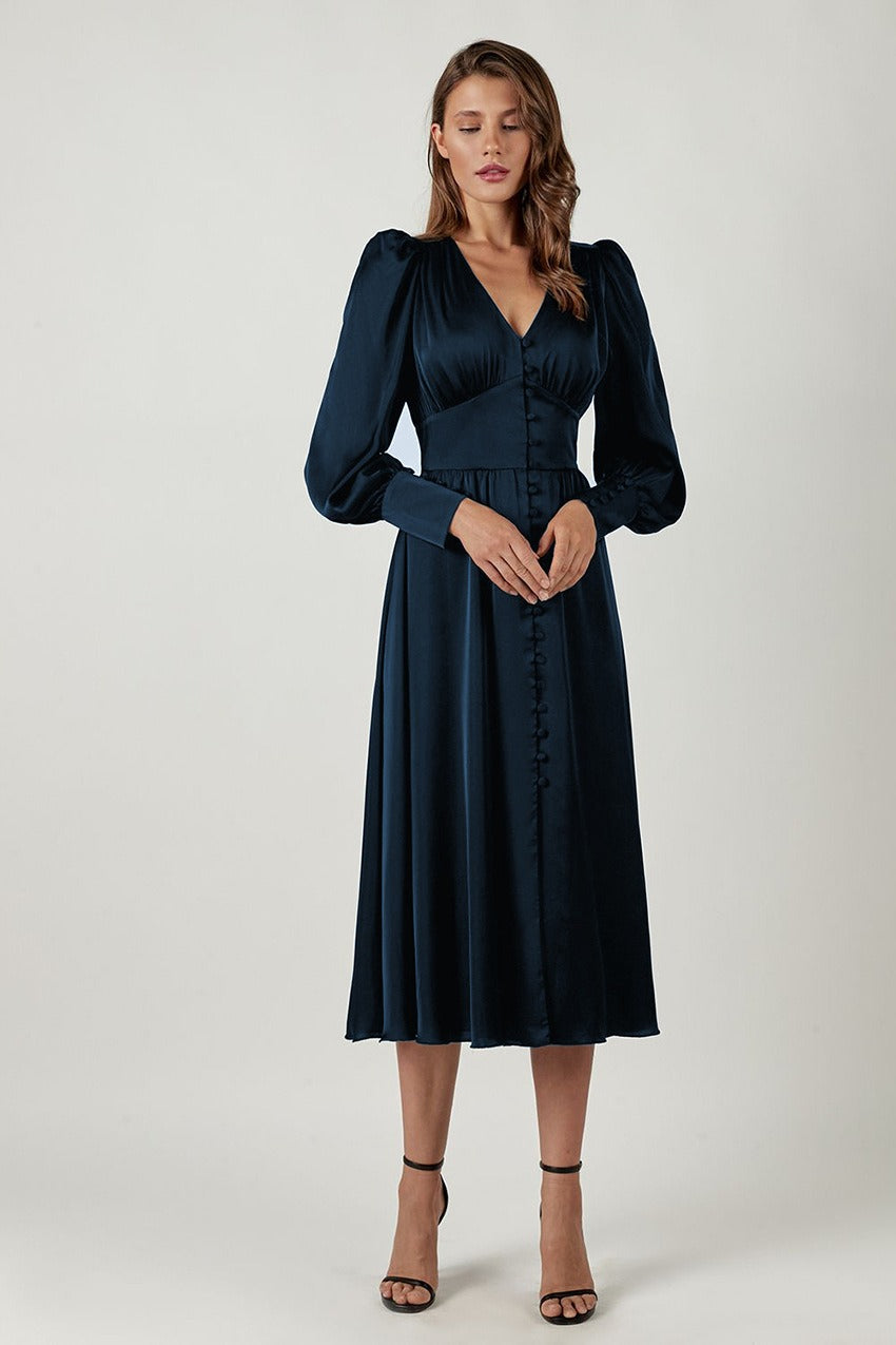 Satin Puff Sleeve Tailored Midi Dress