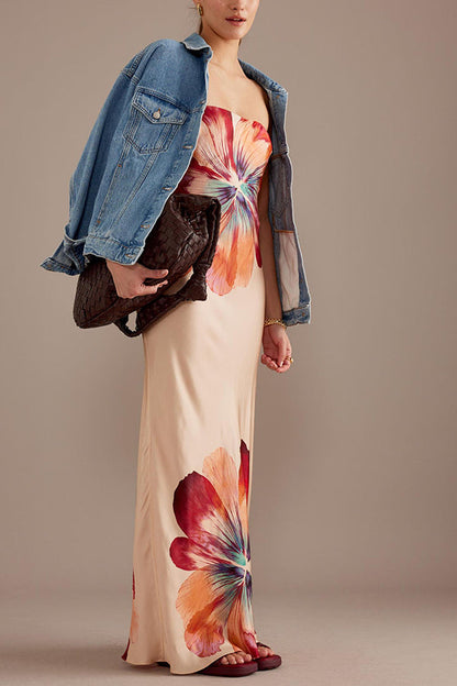 Charming Strapless Waist Cinching Satin Printed Lace Up Loose Long Dress