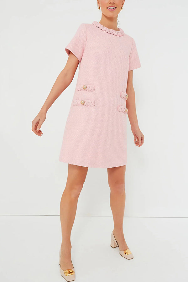 Confident and Tweed Fabric Braided Trim Button Shift Mini Dress