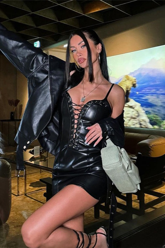 Deep V Tie Leather Cami Mini Dress