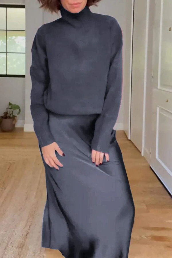 Jaelyn Color Turtleneck Long Sleeve Sweater and Satin Elastic Waist Maxi Skirt Set
