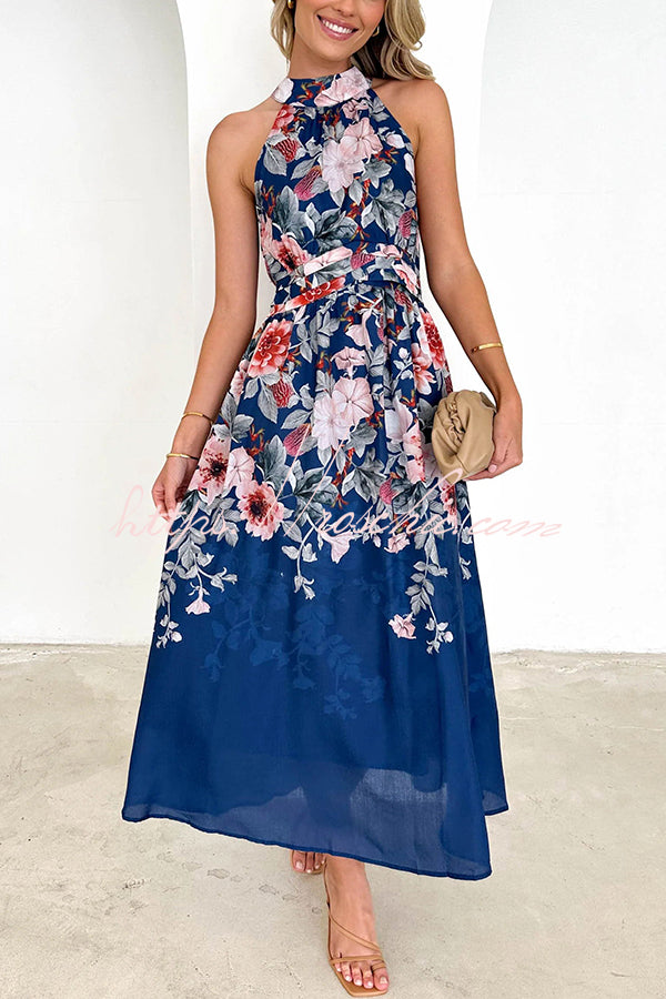 Print Halterneck Tie Zip Smocked Maxi Dress