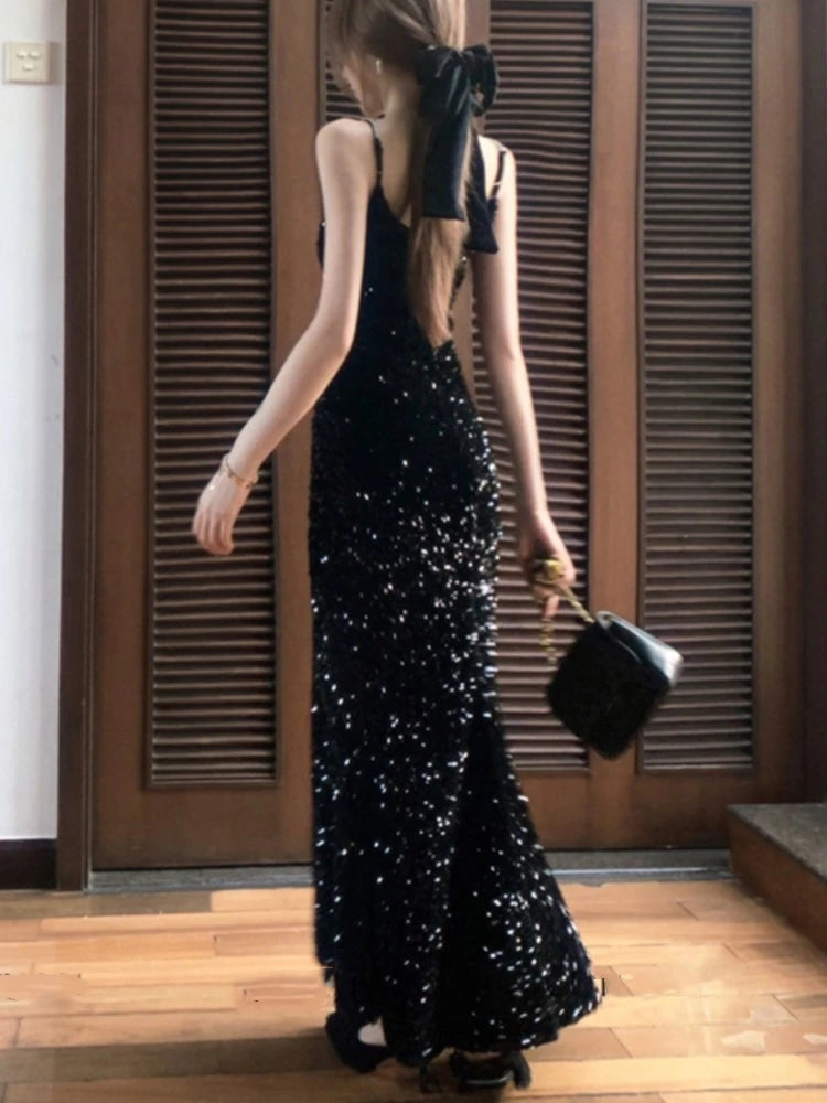 French Retro Sequins Long Dresses for Sleeveless Slim Mermaid Spring New Evening Party Dress Prom Robe Wedding Vestidos