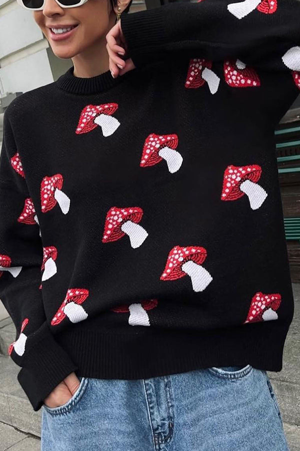 Mushroom Pattern Loose Round Neck Knitted Sweater