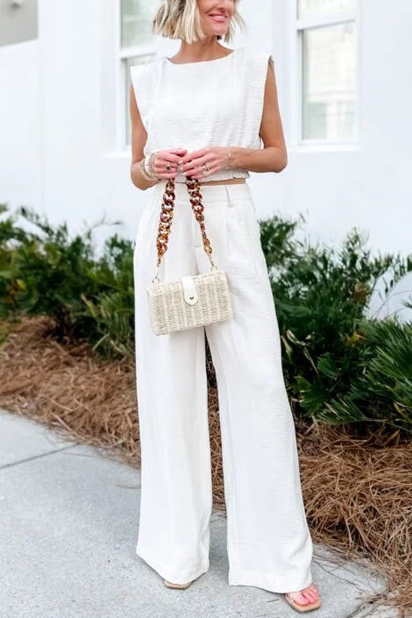 Wear Tooptions Linen Blend Crop Top and Elastic Waist Pocketed Pants Set