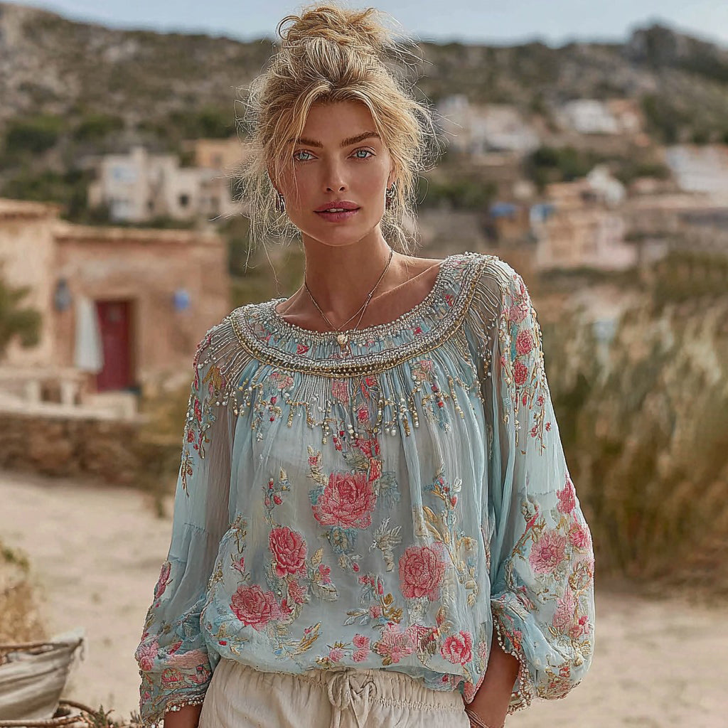 Women's Vintage Floral Embroidered Linen Blend Crew Neck Shirt elevenforest