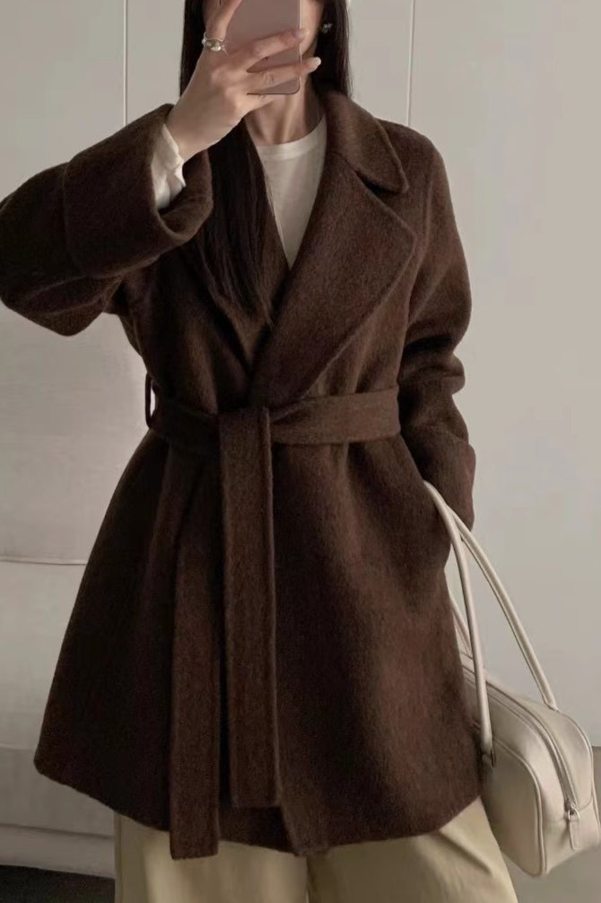Robe-style Double-face Wool Long Hepburn Coat