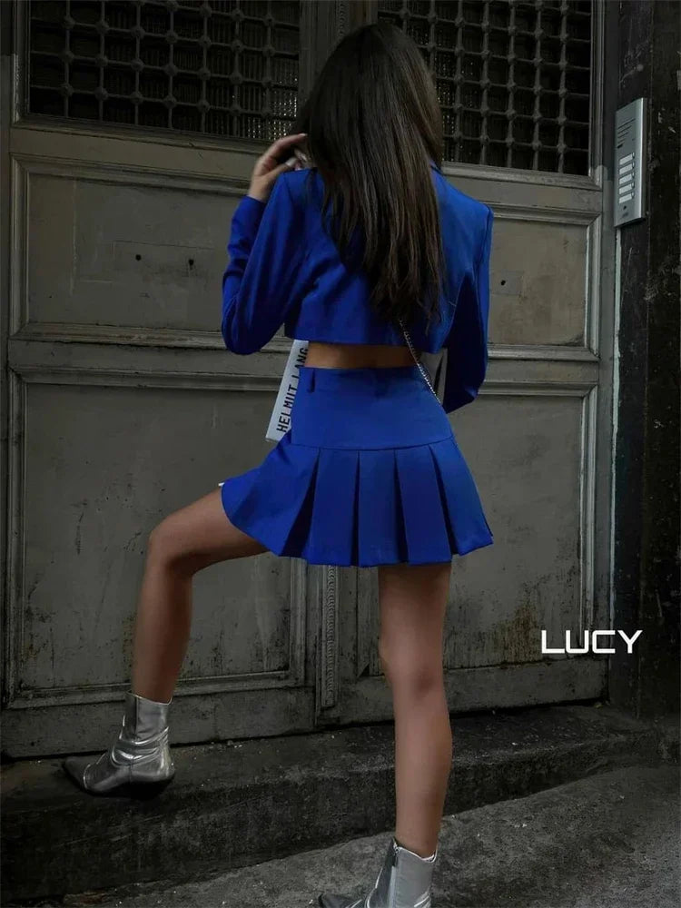 Two Piece Sets ’s Outfits New Black Matching Sets With Skirt and Blazer Cropped Top Skirt Sets for