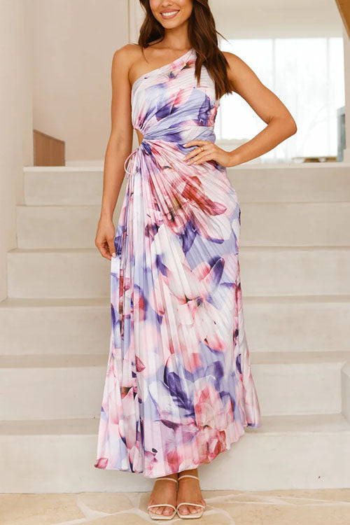 Moxidress One Shoulder Sleeveless Cut Out Print Pleated Maxi Dress