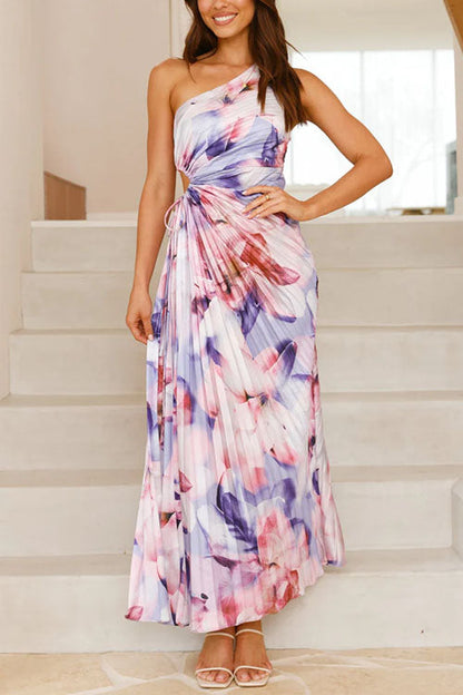 One Shoulder Sleeveless Cut Out Print Pleated Maxi Dress