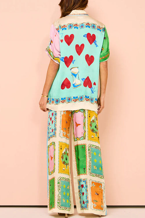 Unique Print Short Sleeves Button Down Shirt Waist Wide Leg Pants Satin Set