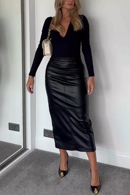 High Waist Back Slit Splice Faux Leather Maxi Skirt