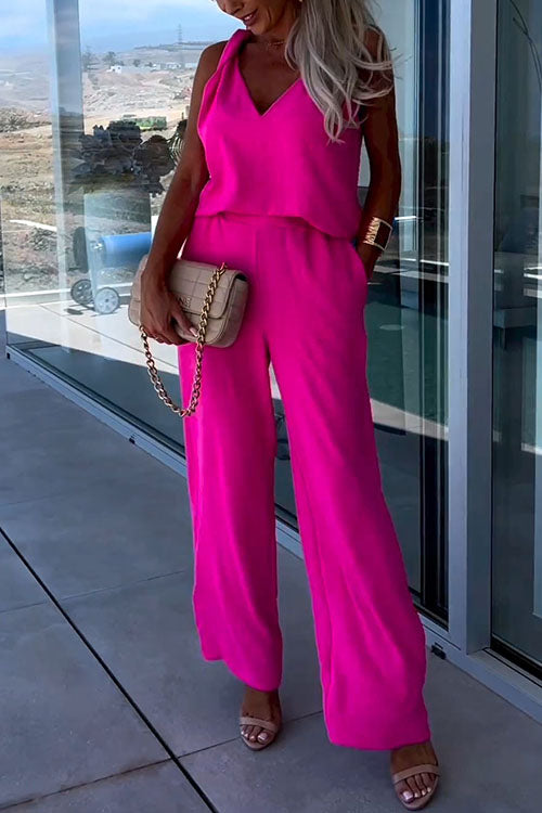 V Neck Sleeveless Top Wide Leg Pockets Pants Set