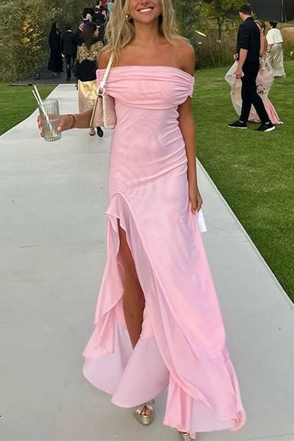 Off Shoulder Back Cut Out Ruffle Slit Maxi Dress