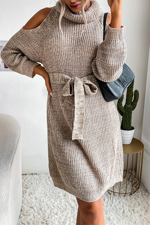 Turtleneck Cold Shoulder Belted Sweater Dress