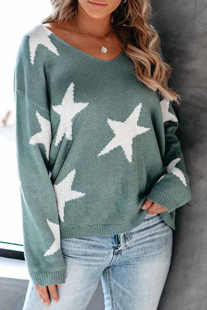 Star V Neck Loose Sweater