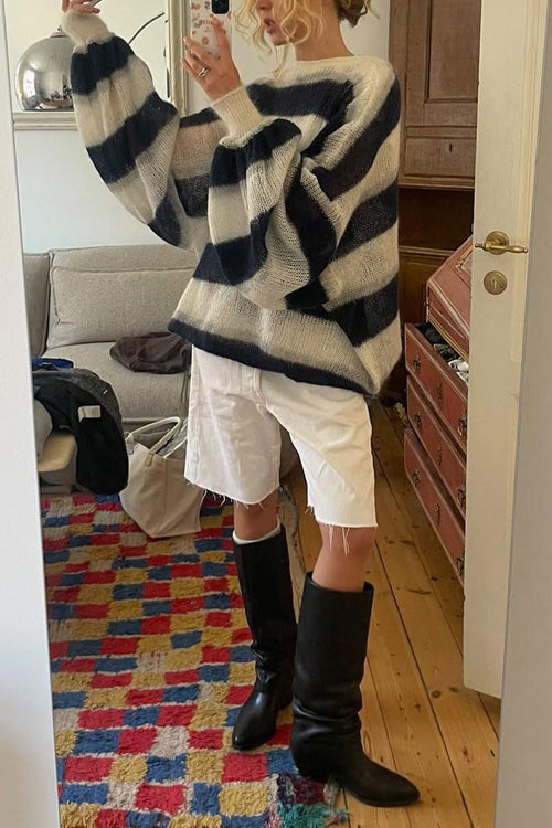 Moxidress Lantern Sleeves Button Down Color Block Stripes Sweater With Scarf