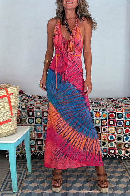 Ruffle Trim Halter Lace-up Backless Tie Dye Maxi Dress