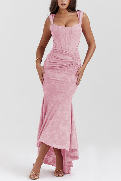 Moxidress Sleeveless Ruched Waist Ruffle Hem Jacquard Maxi Dress