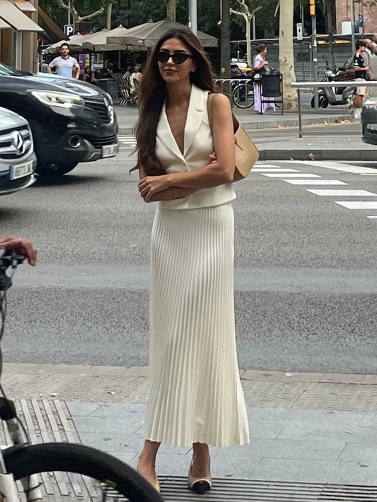 Folds Long Skirt Two Pieces Set ’s Notched Sleeveless Short Vest Top High Waist Maxi Skirt Sets