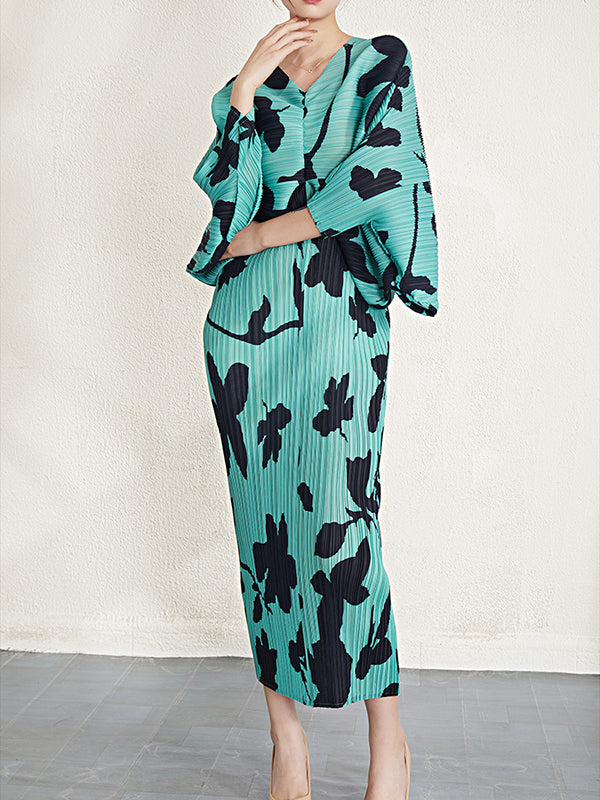 Batwing Sleeves Loose Pleated Printed V-neck Midi Dresses