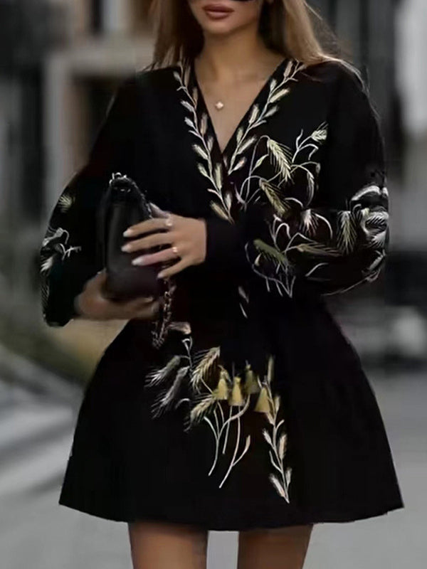 Loose Puff Sleeves Embroidered Tied Waist V-neck Mini Dresses