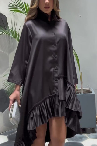 Color Palace Style Loose Irregular Pleated Hem Mini Dress