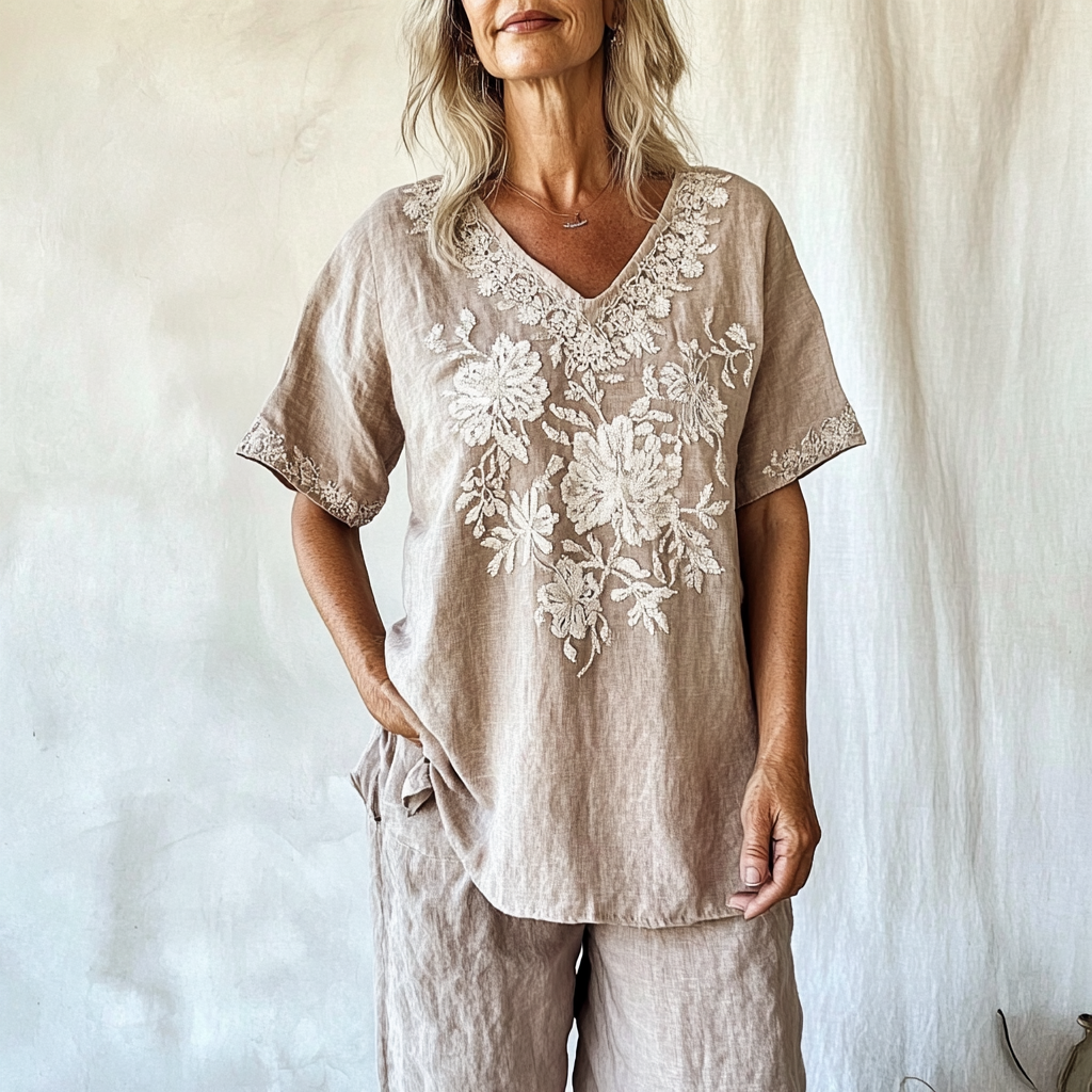 Women's Vintage Floral Pattern Cotton And Linen V-neck Shirt elevenforest