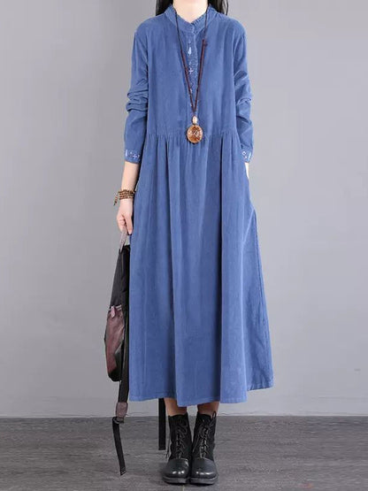 Corduroy Long Sleeves A-line Embroidered Round-neck Midi Dresses