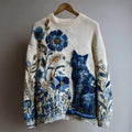 Vintage Classy Cat Floral Embroidered Cozy Knit Sweater artswardrobe