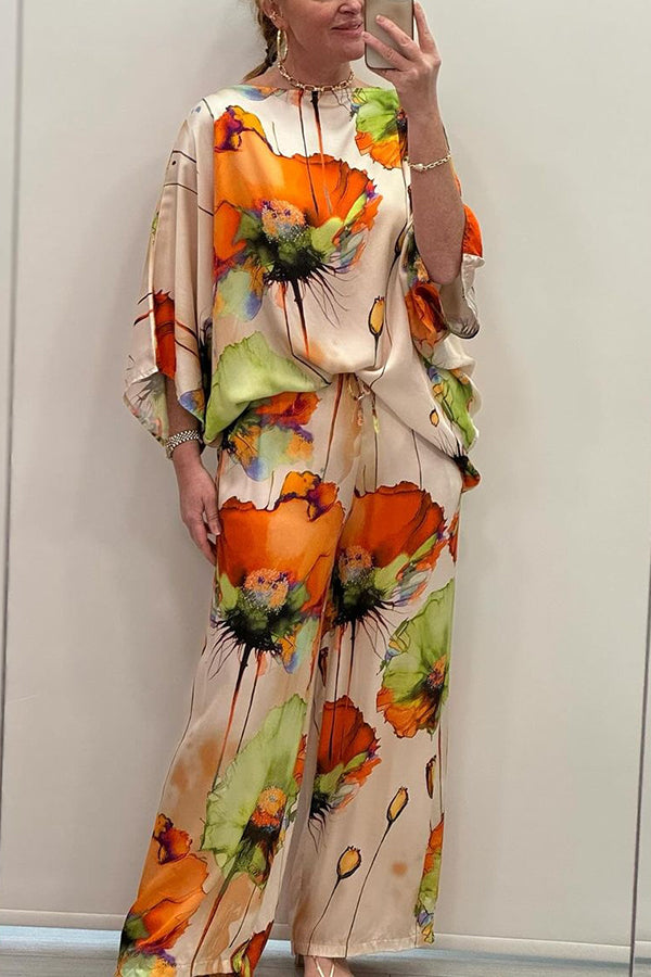 Satin Botanical Print Crew Neck Top and Elastic Waist Loose Pocket Pants Set
