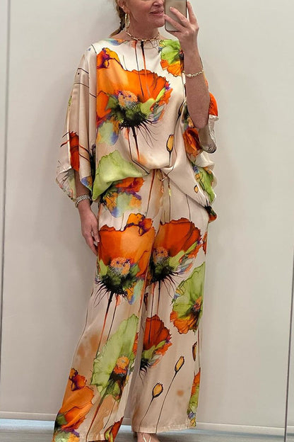 Satin Botanical Print Crew Neck Top and Elastic Waist Loose Pocket Pants Set