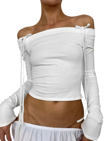 Bow Off Shoulder Skinny Tops for Autumn Winter Y2k Long Sleeve T-shirts Basic