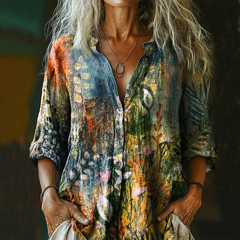 Women's Bohemian Floral Art Linen Shirt elevenforest