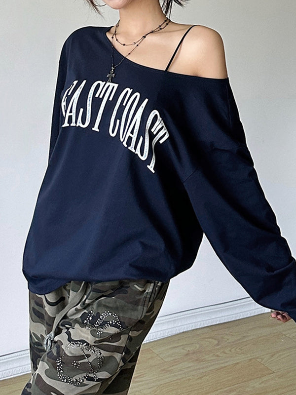 Blue Street Slope Neck Print Sweatshirts