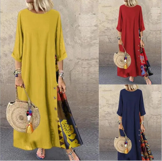 Cotton Linen Long Dresses Three Quarter Sleeves Splicing Print Loose A-line Dress Lady Maxi Vestido