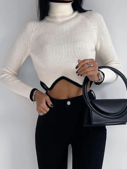 Cropped Turtleneck Sweaters for Knit Long Sleeve Slim Pullover New Patchwork Knitwear Crop Sweater Jumper