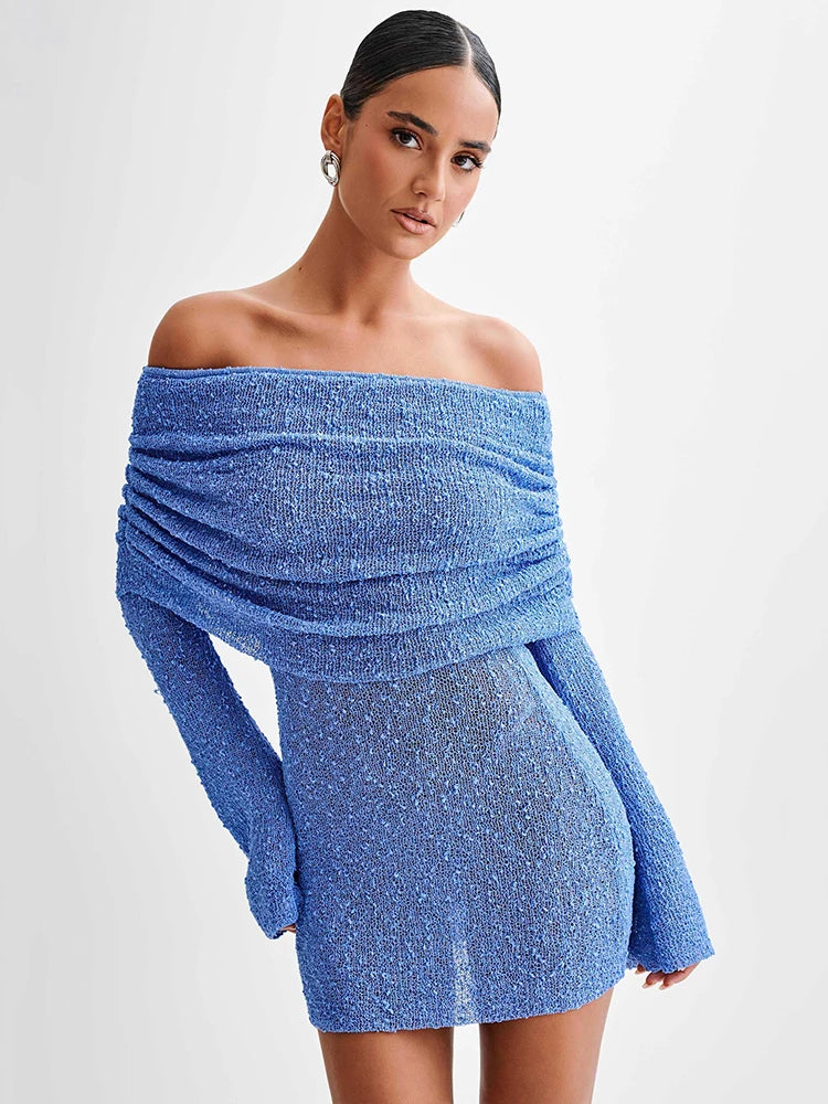 Off-shoulder Long Sleeve Mini Dress for Robe Hollow Out Knit Dress Female Strapless Beach Holiday Dresses