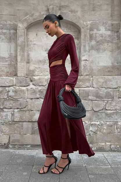 Round Neck Long Sleeve Cutout Maxi Dress