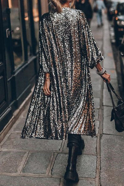 3/4 Sleeves Open Front Sequin Shinny Midi Cardigan