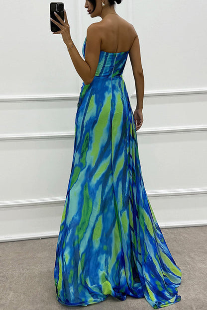 Strapless Rose Detail High Slit Printed Chiffon Maxi Dress