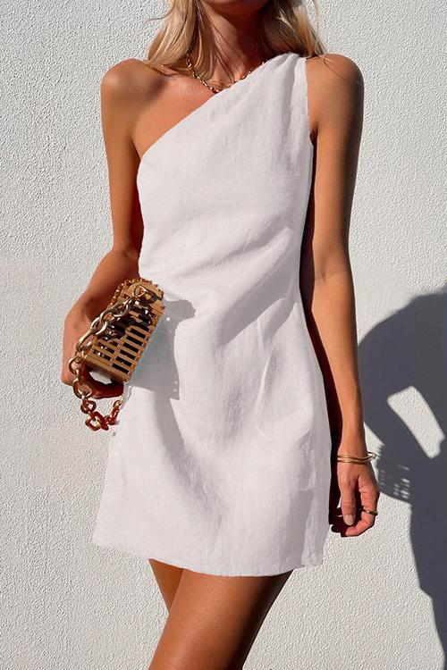 Moxidress One Shoulder Cotton Linen Mini Dress