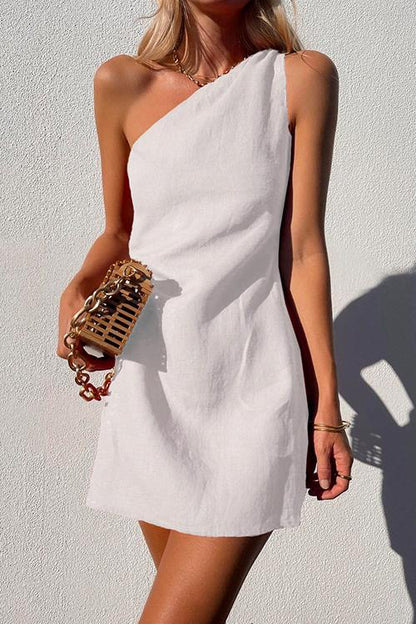 Moxidress One Shoulder Cotton Linen Mini Dress