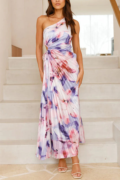 Moxidress One Shoulder Sleeveless Cut Out Print Pleated Maxi Dress