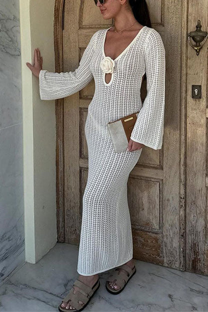 V Neck Long Sleeves Backless Crochet Hollow Out Knit Maxi Dress