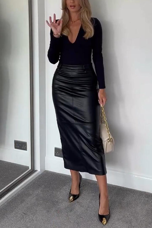 High Waist Back Slit Splice Faux Leather Maxi Skirt