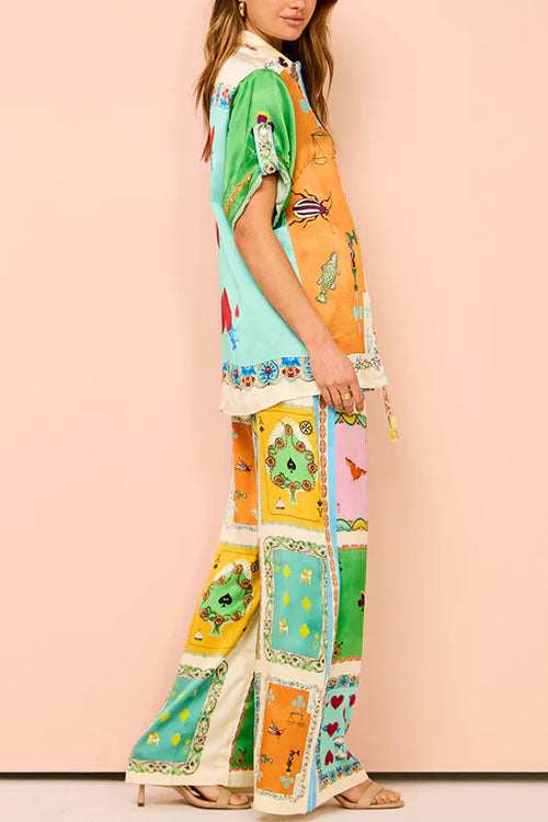 Unique Print Short Sleeves Button Down Shirt Waist Wide Leg Pants Satin Set