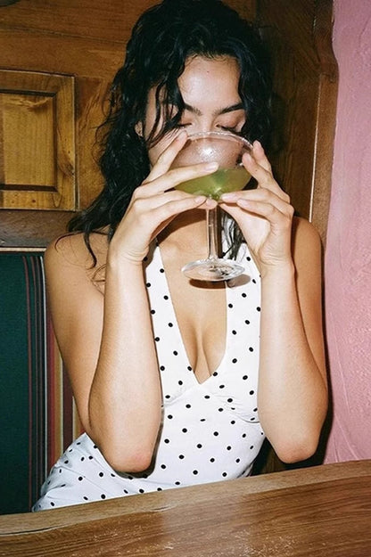 Retro Halter V Neck Polka Dot Midi Dress