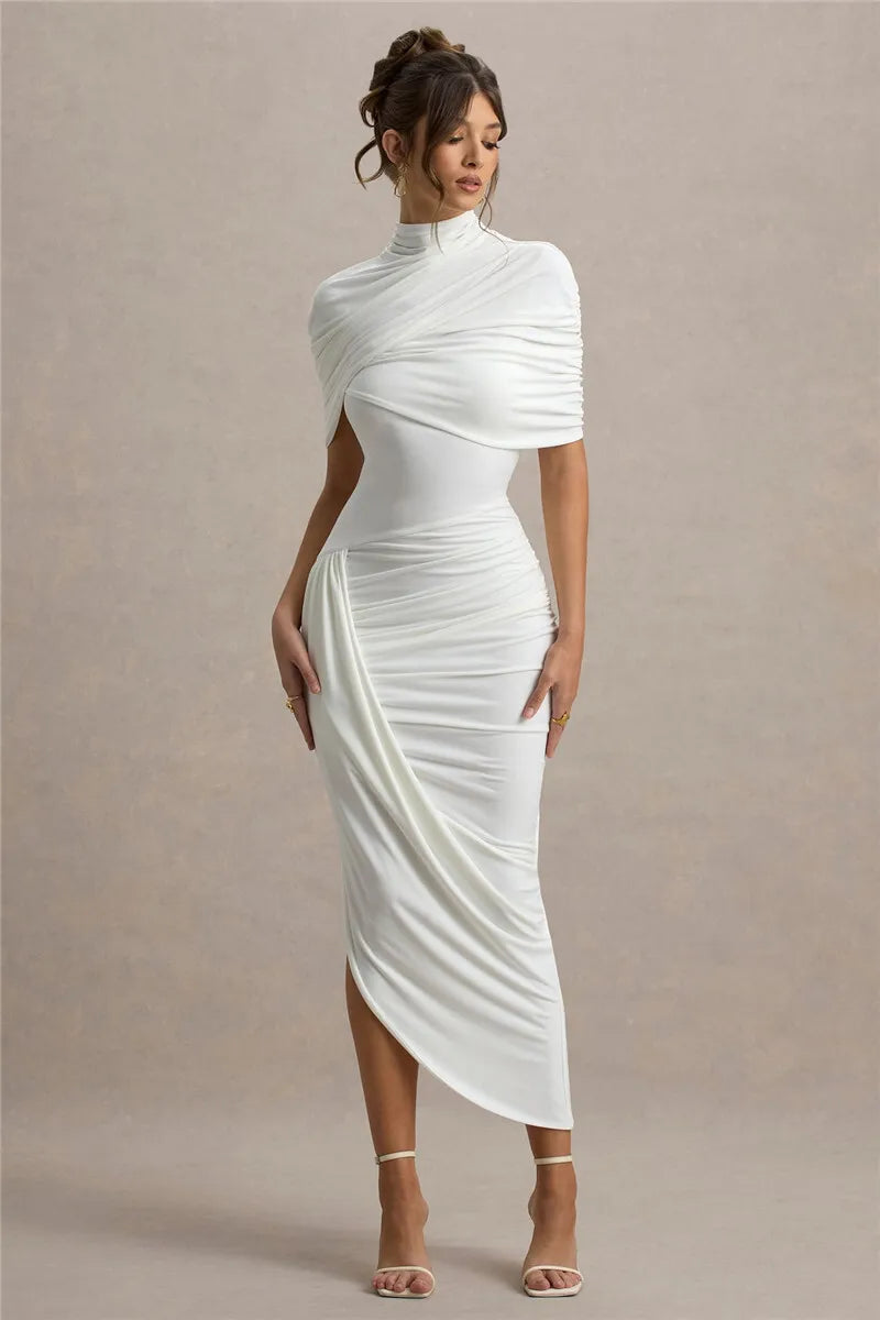 Lyricara — Backless Maxi Dress With Ruched Waist and Turtleneck
